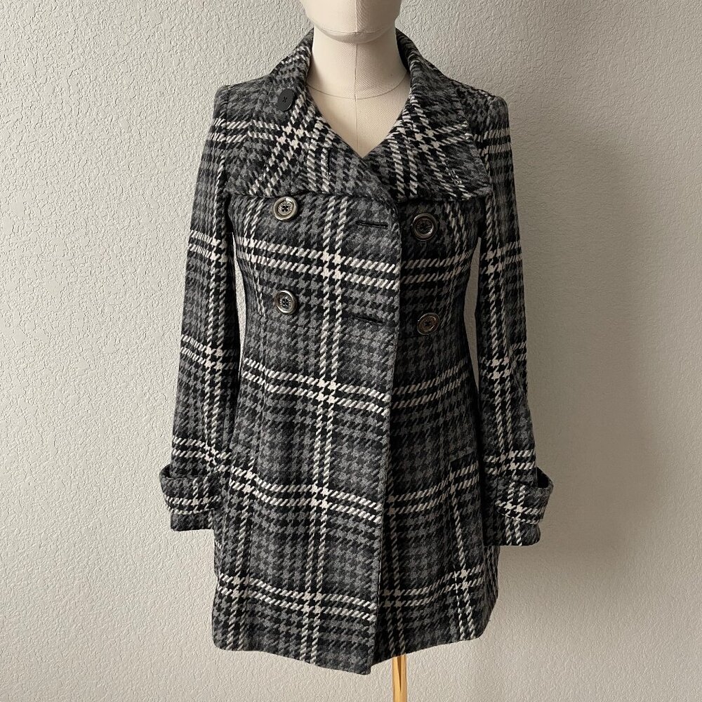 Miss Sixty Grey Houndstooth Plaid Wool Blend Peacoat, size Medium